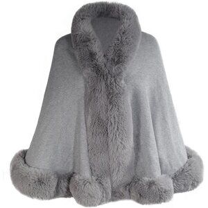 🆕 Women Grey Winter Faux Fur Shawl Stole Warm Wrap Cape knitted Acrylic Elegant